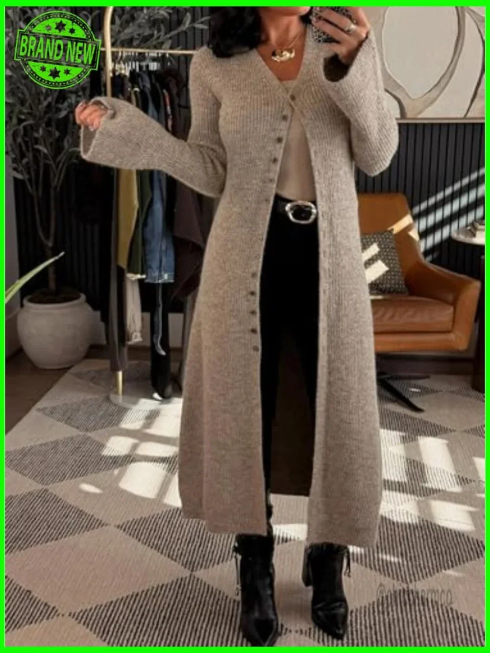 Long Bell Sleeve Cardigan Sweater Dress V-Neck Button Down Midi Duster - Picture 2 of 5